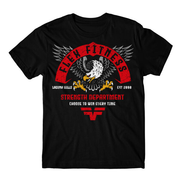Black Flex Fitness Eagle Strike T-shirt with red lettering and eagle graphic