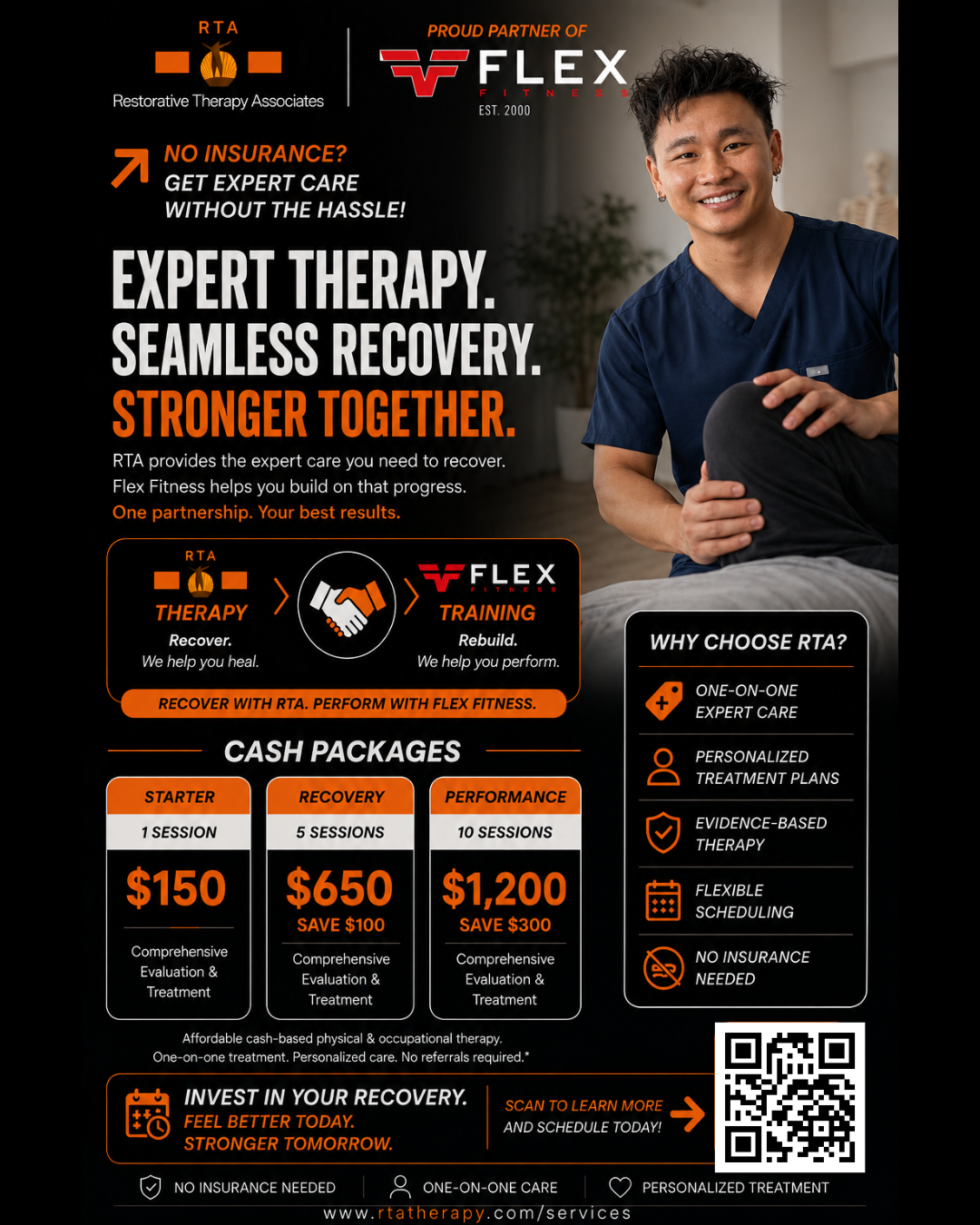Restorative Therapy Associates — proud recovery partner of Flex Fitness. Expert therapy, seamless recovery, stronger together. Cash-based physical & occupational therapy in Orange County.